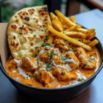 Creamy Butter Chicken with Garlic Drizzle, Fries & Warm Naan
