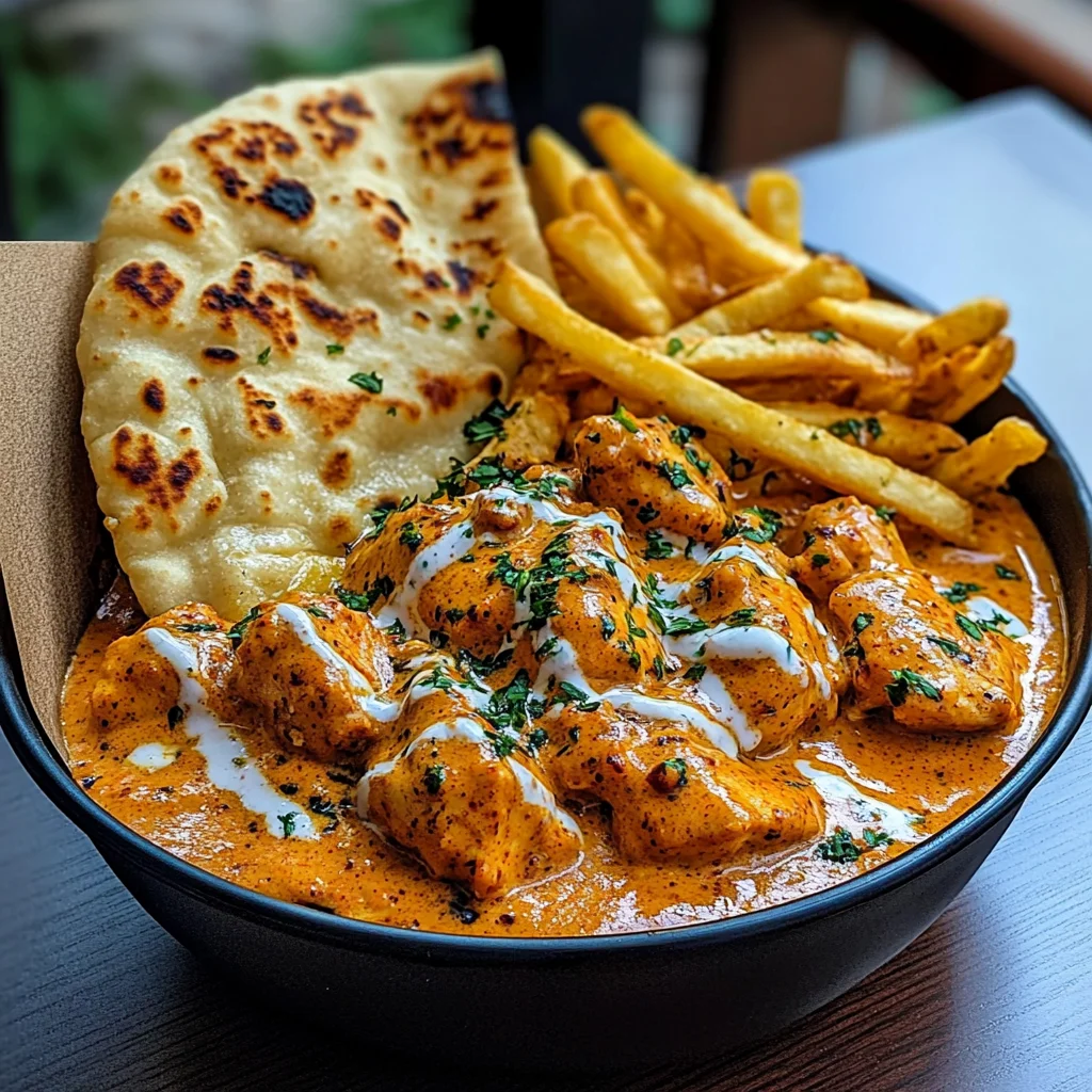 Creamy Butter Chicken with Garlic Drizzle, Fries & Warm Naan