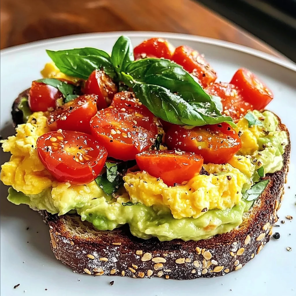 Avocado Toast with Scrambled Eggs and Tomatoes