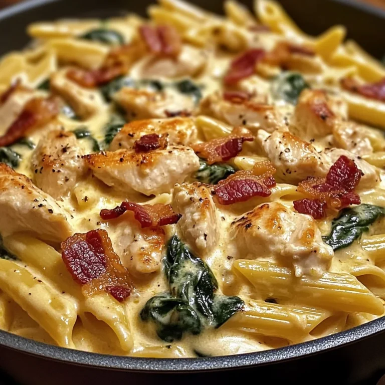 Creamy Chicken Pasta with Spinach, Bacon, and Cheese