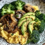 Creamy Scrambled Eggs with Avocado, Sautéed Mushrooms & Broccoli