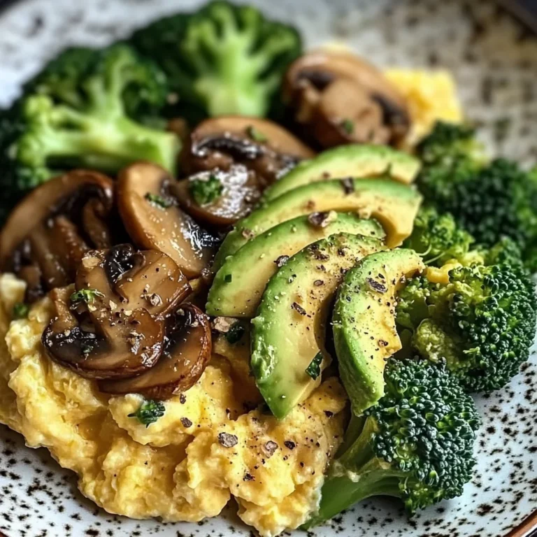 Creamy Scrambled Eggs with Avocado, Sautéed Mushrooms & Broccoli