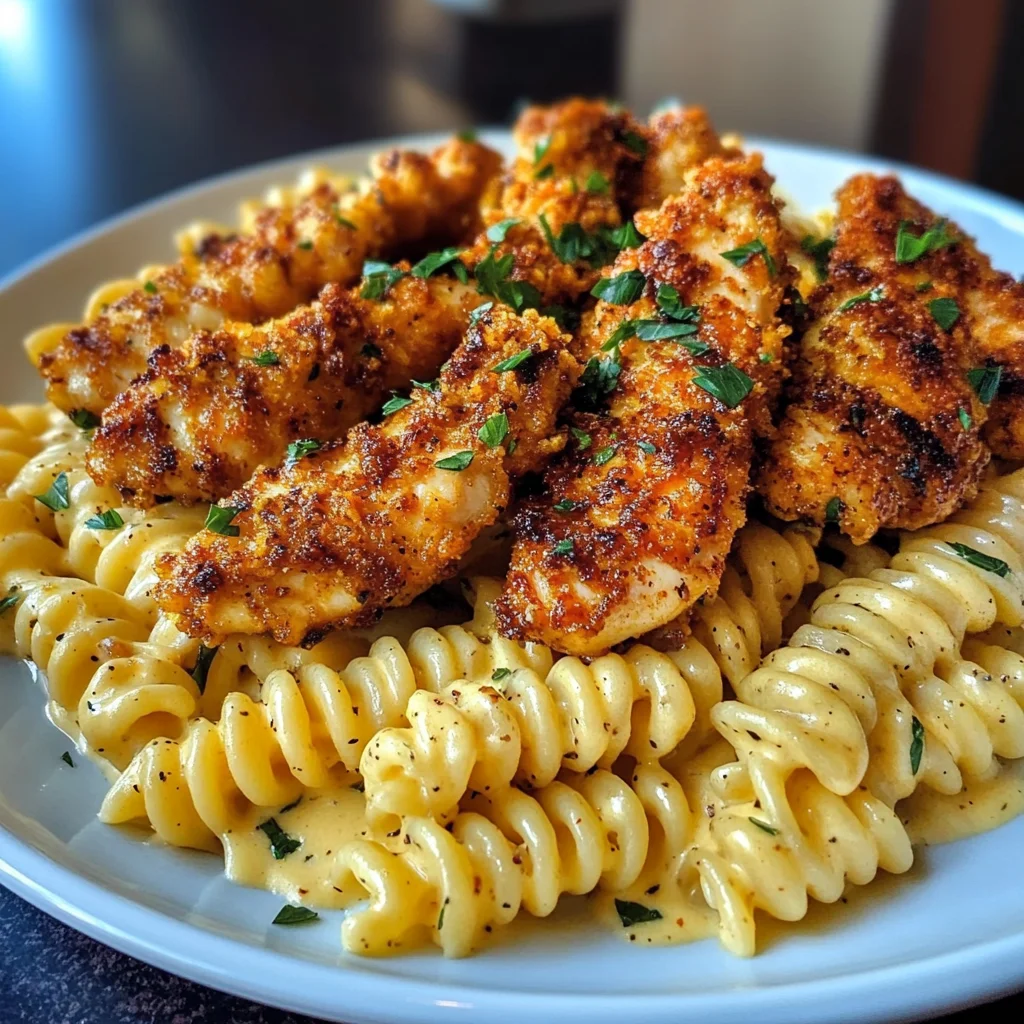 Creamy Velveeta Rotini with Cajun Garlic Chicken Strips