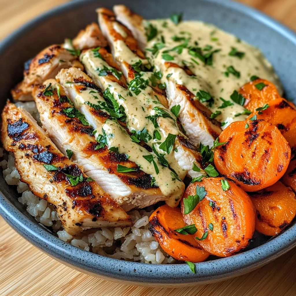 Grilled Chicken Rice Bowl with Creamy Herb Sauce & Carrots