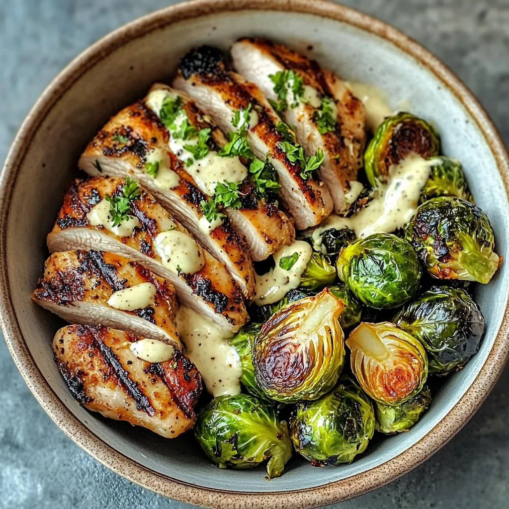 Grilled Chicken & Brussels Sprouts Bowl with Creamy Garlic-Parmesan Sauce