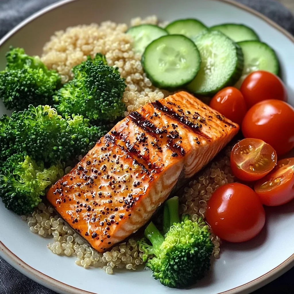 Grilled Salmon Power Plate with Quinoa & Steamed Veggies