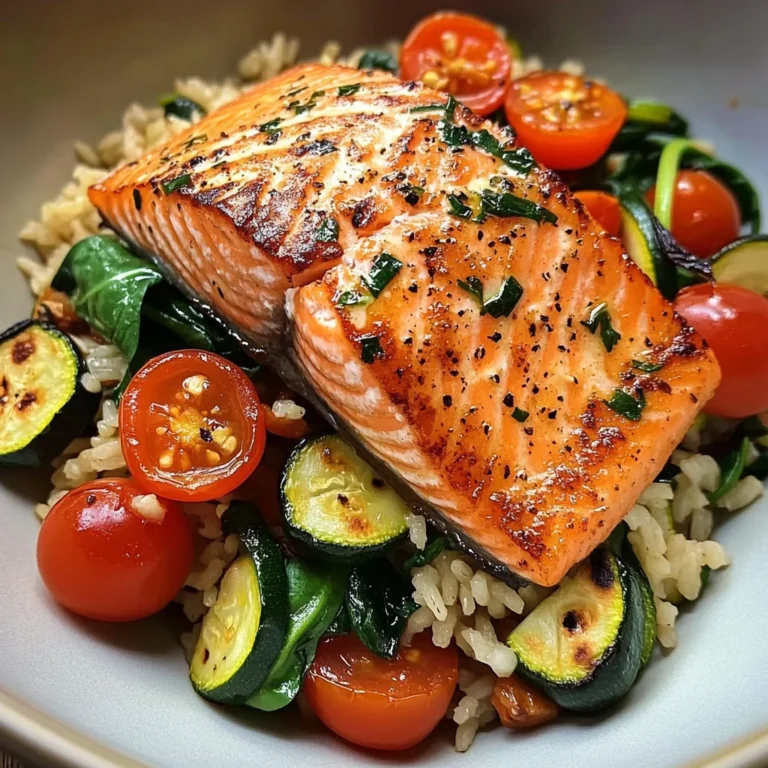 Pan-Seared Salmon on Garlic Veggie Rice Bowl