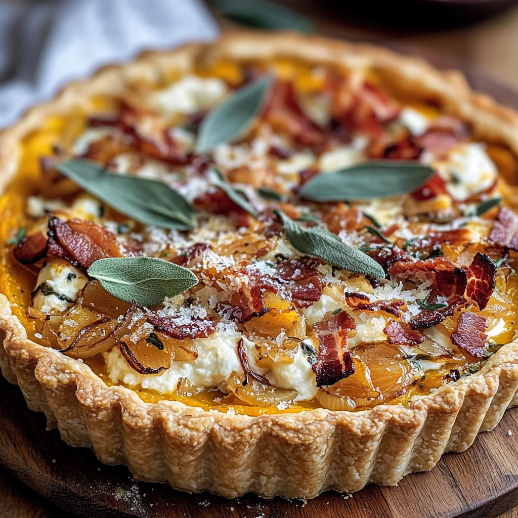 Pumpkin, Ricotta & Caramelized Onion Tart with Turkey Bacon and Sage