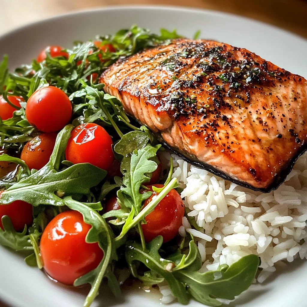 Seared Salmon with Rice & Arugula Tomato Salad