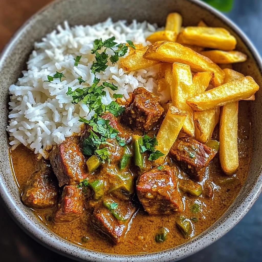 Slow-Cooked Beef Coconut Curry with Rice & Crispy Fries