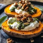 Stuffed Sweet Potatoes with Burrata, Toasted Walnuts & Sage Pesto