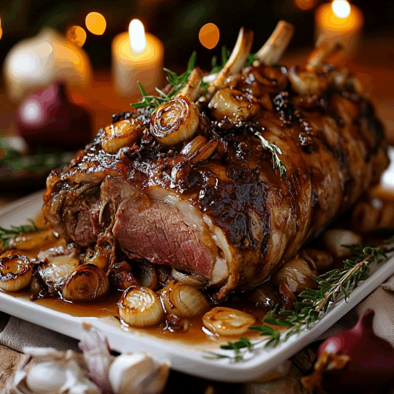 Slow-Roasted Lamb Shoulder with Roasted Garlic, Caramelized Onions & Honey Herb Glaze