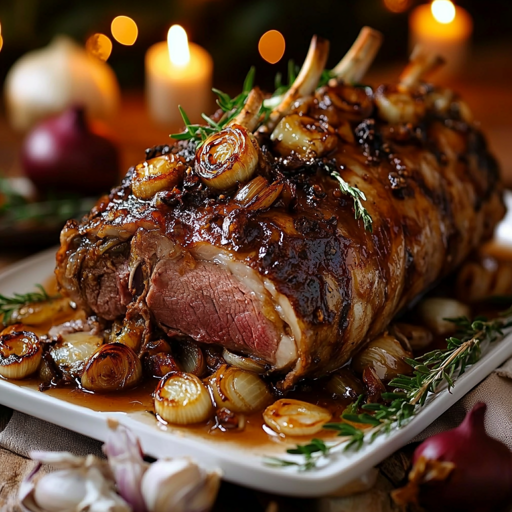 Slow-Roasted Lamb Shoulder with Roasted Garlic, Caramelized Onions & Honey Herb Glaze