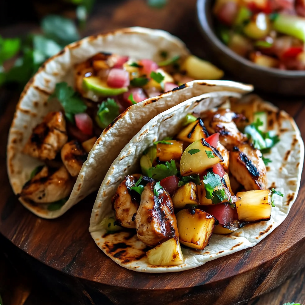 Teriyaki Chicken Tacos with Grilled Pineapple Pear Salsa