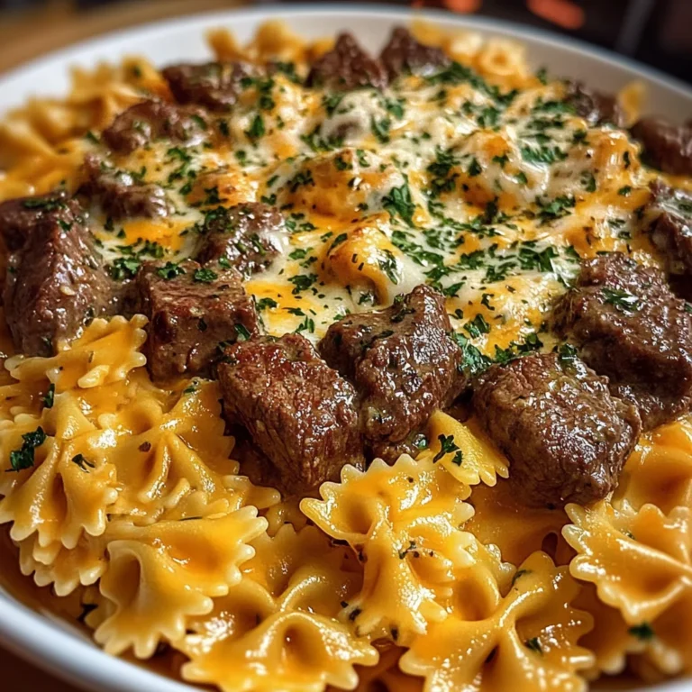 Beef and Bowtie Pasta in Cheddar Sauce