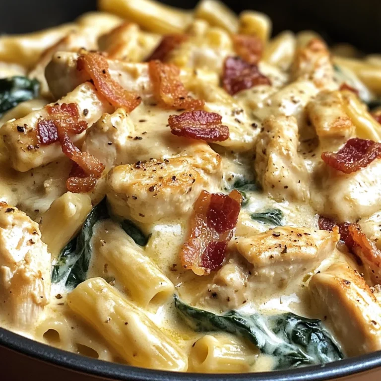 Creamy Chicken Pasta with Bacon, Spinach & Cheese