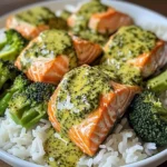 Creamy Pesto Salmon with Broccoli & Rice