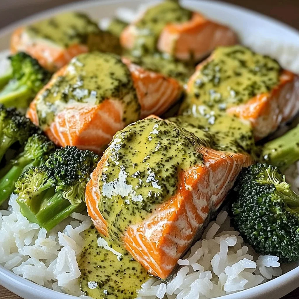 Creamy Pesto Salmon with Broccoli & Rice