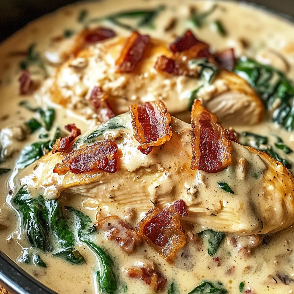 Creamy Slow Cooker Chicken Stroganoff with Spinach and Crispy Bacon