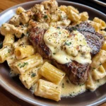 Garlic Cream Steak with Rigatoni in Provolone Cream Sauce
