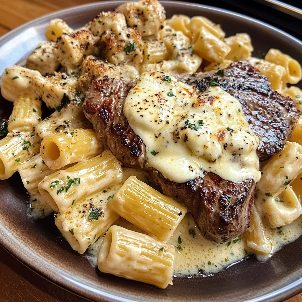 Garlic Cream Steak with Rigatoni in Provolone Cream Sauce
