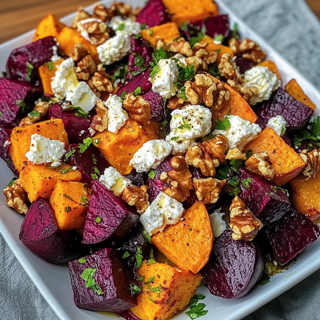 Roasted Beet and Sweet Potato Salad with Feta, Yogurt Dressing & Toasted Walnuts