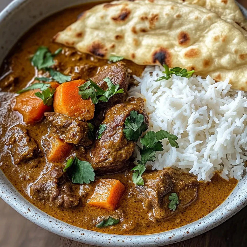 Slow-Cooked Beef in Creamy Coconut Curry with Rice and Garlic Naan