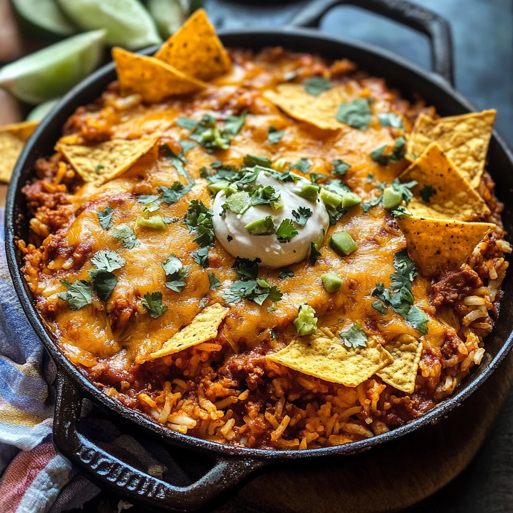 One Skillet Saucy Chicken Tortilla Enchilada Rice Bake